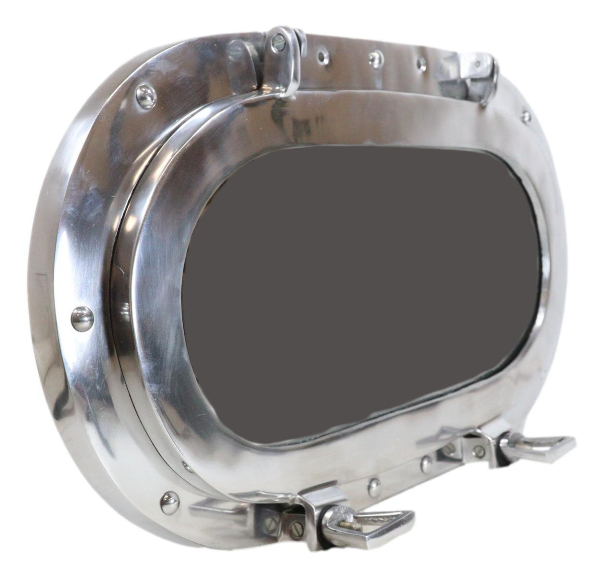 Polished Aluminum Nautical Marine Oval Ship Porthole Folding Wall Mirror 19"L