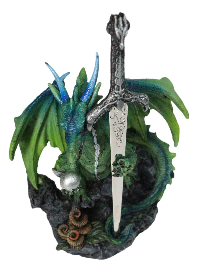 Green Dragon Holding Silver Orb And Draconian Sword Letter Opener Figurine
