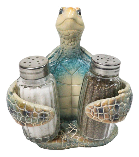 Marine Blue Shell Sea Turtle Hugging Glass Salt Pepper Shakers Holder Figurine