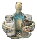 Marine Blue Shell Sea Turtle Hugging Glass Salt Pepper Shakers Holder Figurine