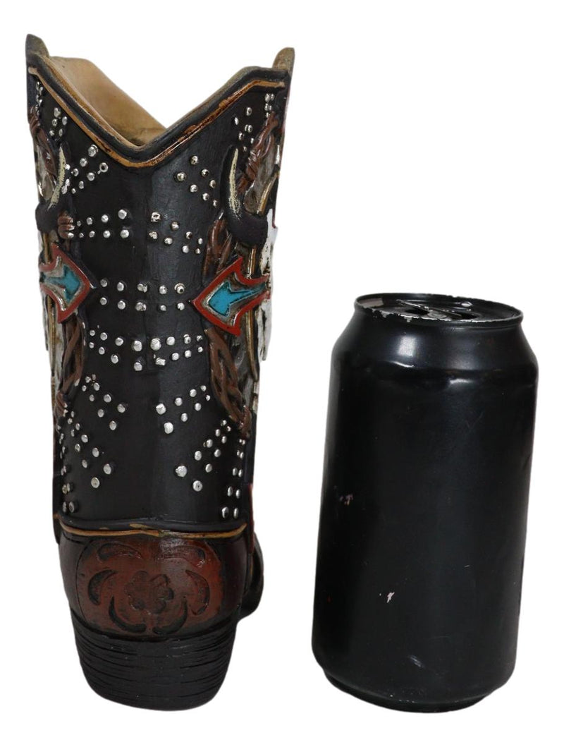 Western Cow Skull Turquoise Cross and Barbed Wires Cowboy Boot Vase Figurine