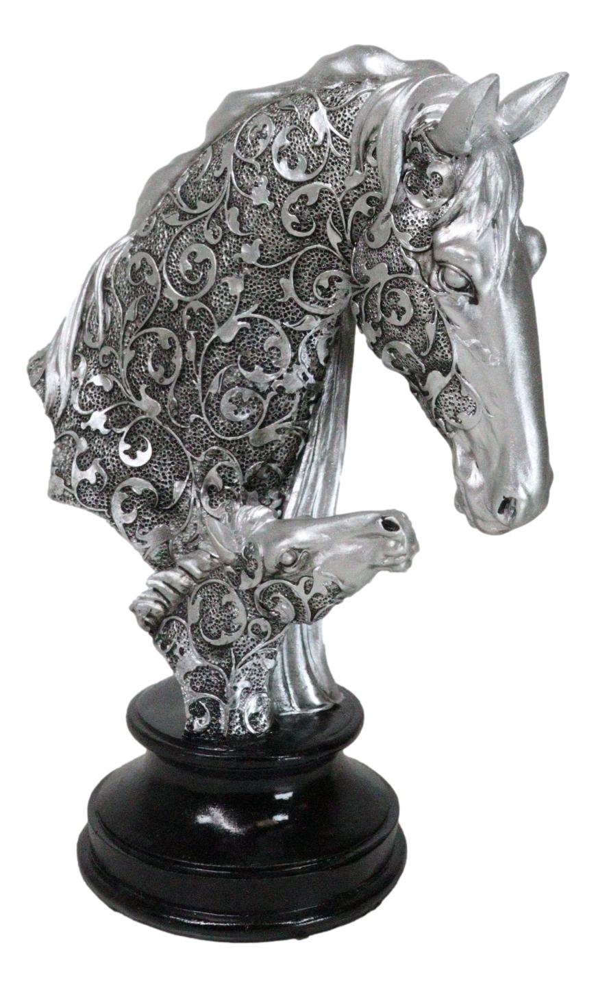Silver Equine Mother Horse And Foal With Tooled Floral Vines Filigree Figurine