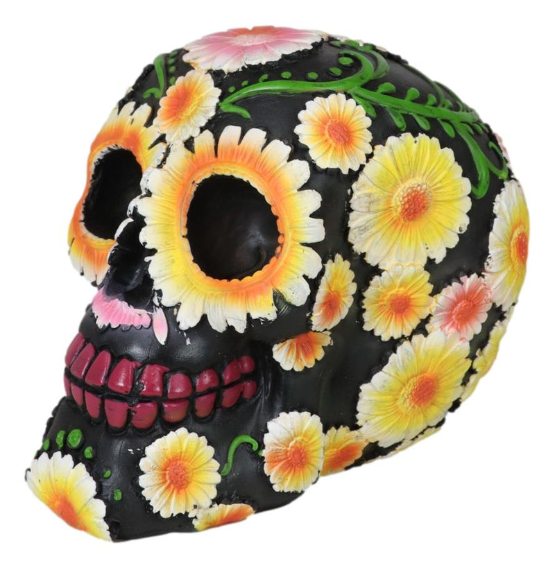Day of The Dead Metallic Bright Sunflowers Floral Blooms Sugar Skull Figurine