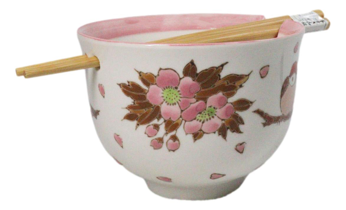 Twin Sparrows Cherry Blossom Ceramic Donburi Ramen Bowl With Chopsticks Set