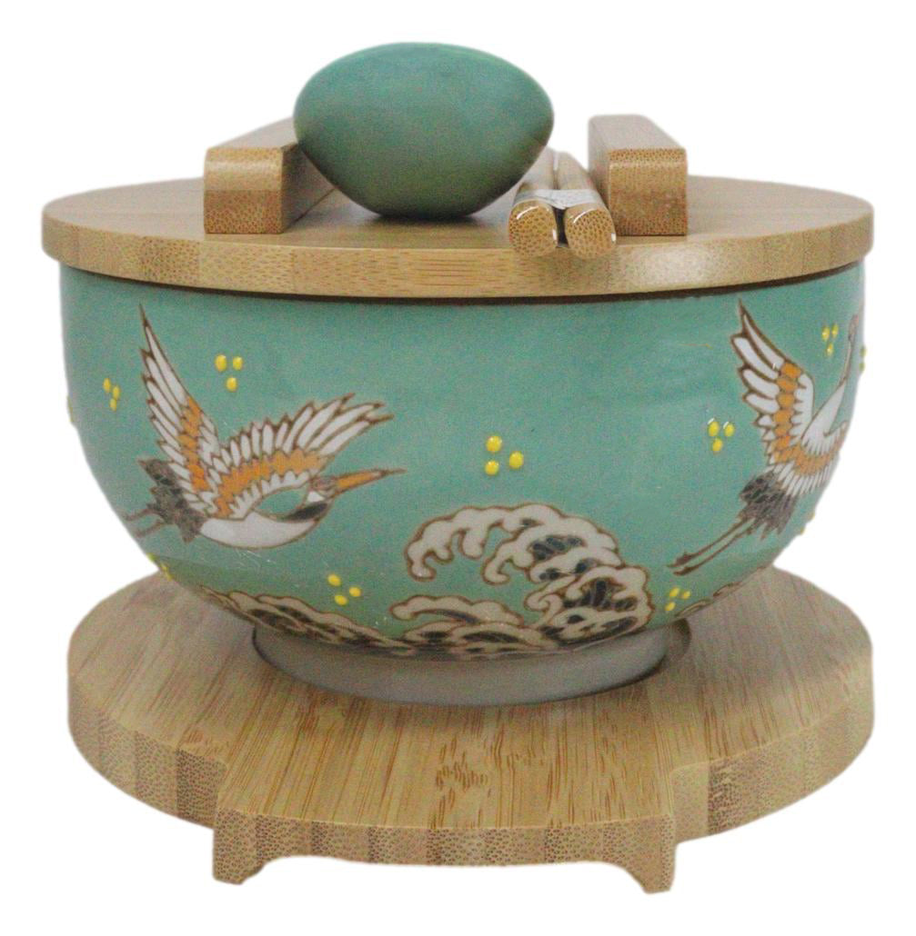 Turquoise Japanese Crane Donburi Ramen Bowl With Lid Trivet Spoon Chopsticks Set