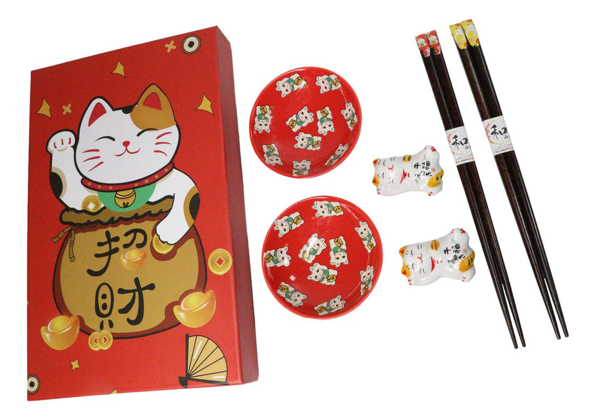 Maneki Neko Lucky Cats Red Sauce Dishes Chopsticks And Rests Sushi Set For 2
