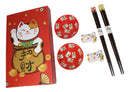 Maneki Neko Lucky Cats Red Sauce Dishes Chopsticks And Rests Sushi Set For 2