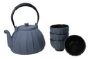 Gray Vertical Lines Design Tetsubin Cast Iron Teapot 33oz And 4 Tea Cups Set