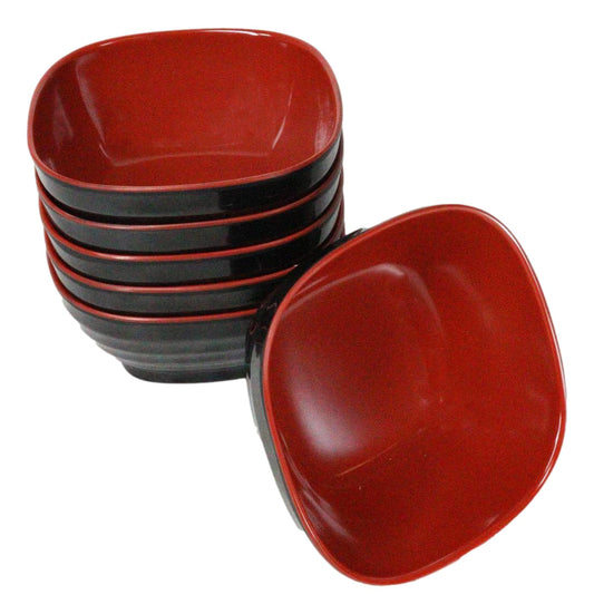 Set Of 6 Red And Black Square Ridged Small Soup Salad Rice Melamine Bowls 4.5"L