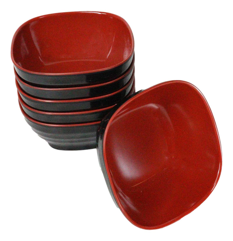 Set Of 6 Red And Black Square Ridged Small Soup Salad Rice Melamine Bowls 4.5"L