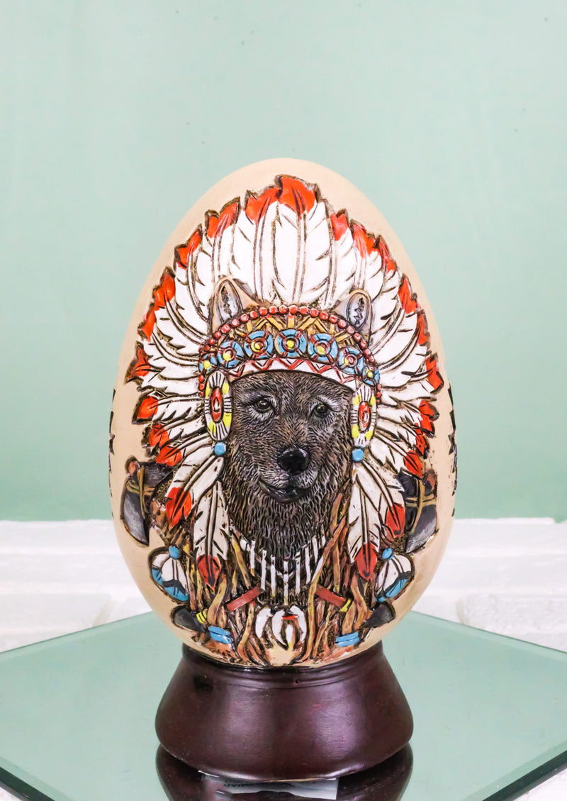 Tribal Indian Chief Wolf With Headdress Roach Egg Shaped Money Bank Figurine