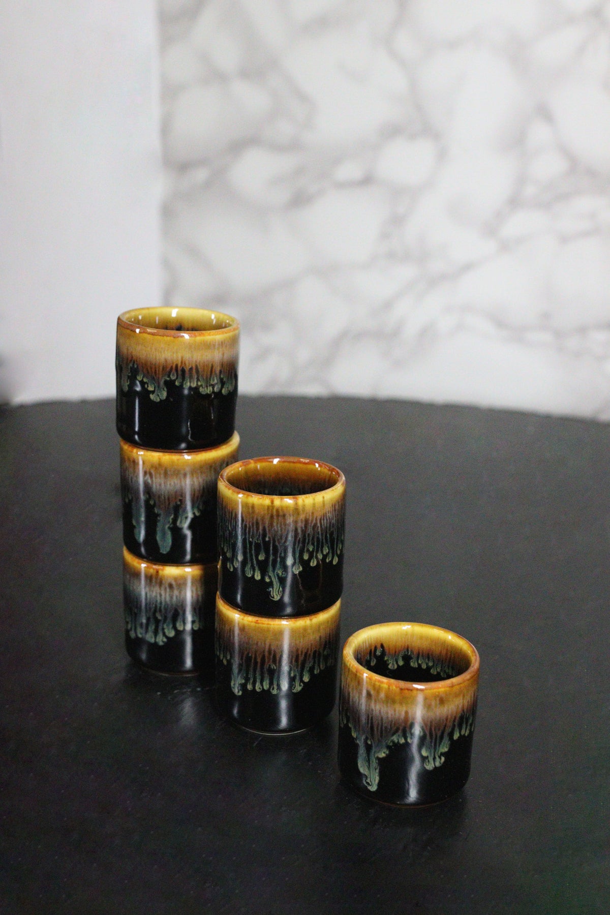 Set of 6 Brown Drip Glaze Porcelain 1.25oz Ochoko Yuzu Sake Cups Drinkware