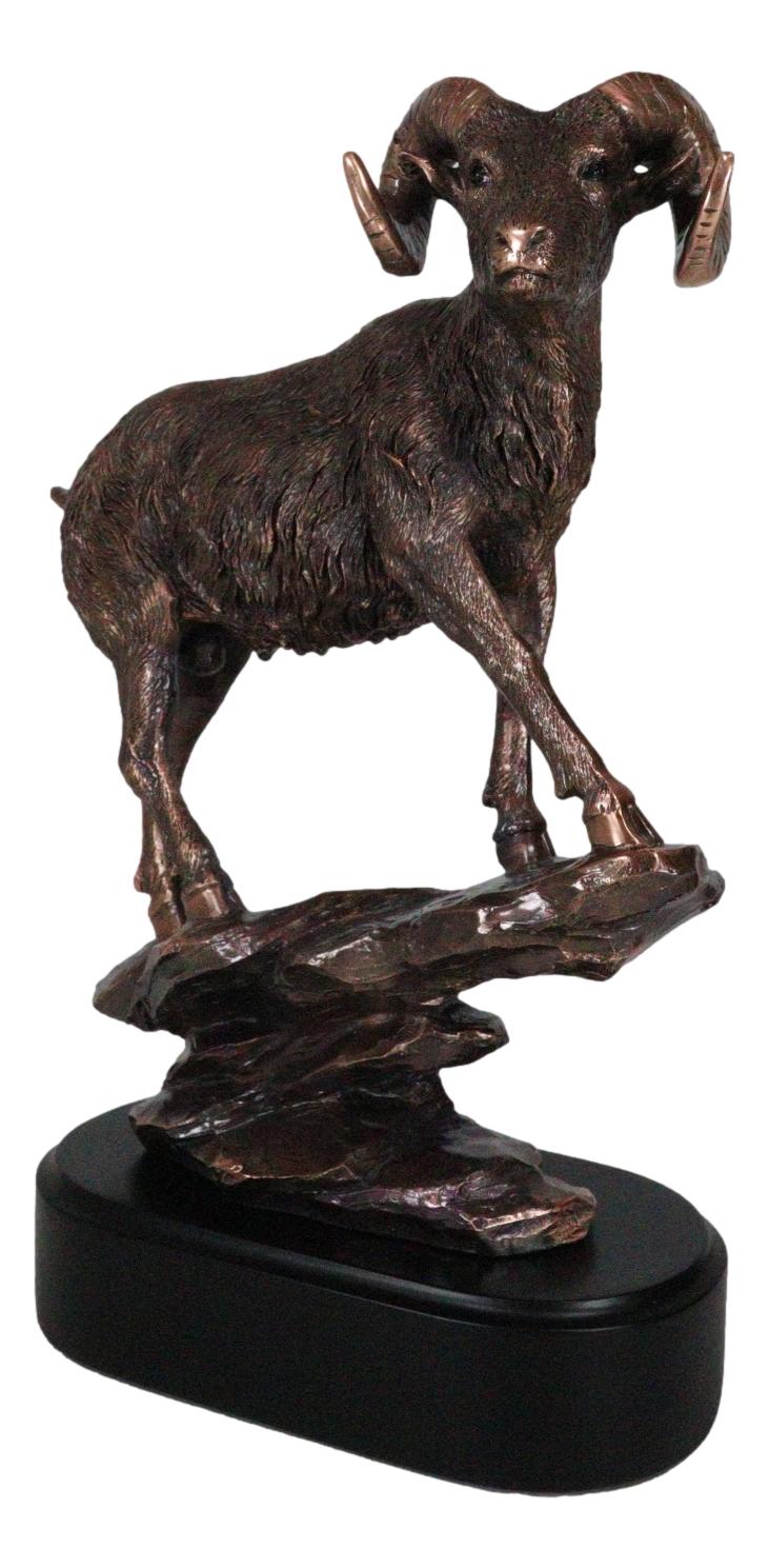 Ebros Gift Country Wildlife Animal Taxidermy Bighorn Sheep Ram Climbing on Sloping Rock Statue with Trophy Base 12" H Bronze Electroplated Resin Figurine Cabin Lodge Cottage Themed Decor Accent