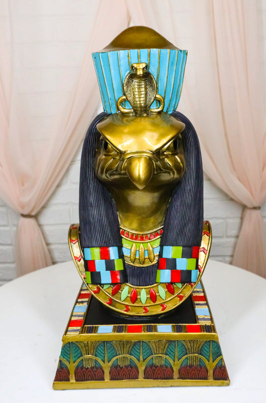 Egyptian God Of The Sky And Sun Horus Ra With Pschent Bust Statue With Base