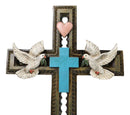 Rustic Turquoise Blue With Holy Bible White Doves Heart Faux Wooden Wall Cross