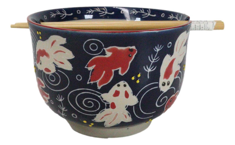 Red White Japanese Goldfishes Large 24Oz Donburi Ramen Bowl With Chopsticks Set