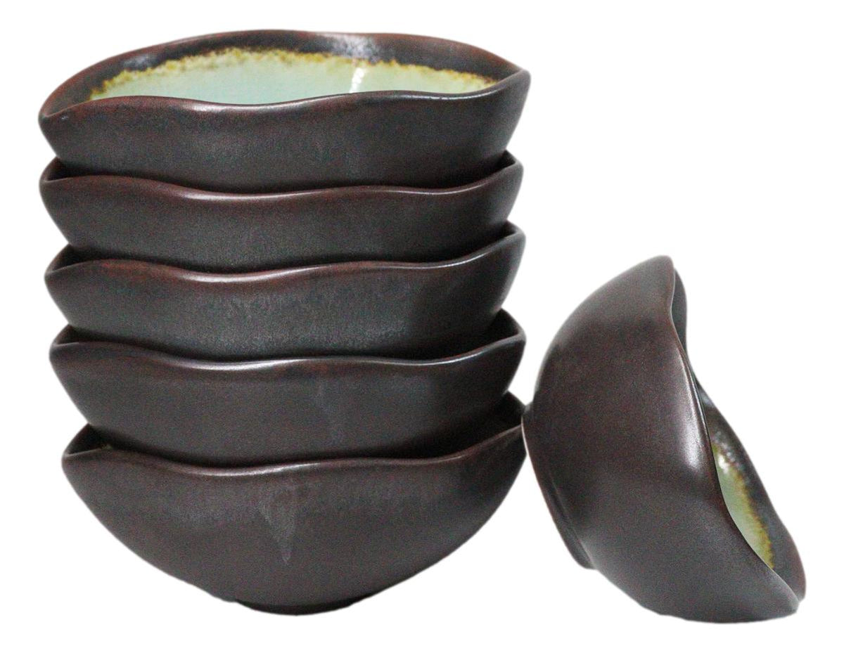 Pack Of 6 Green Midori Kannyu Porcelain Irregular Shaped Small Rice Bowls 10oz