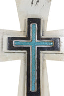 Rustic Western Turquoise Floral Scrollwork Faux Wood Layered Wall Cross Crucifix