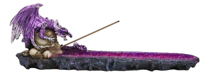 Purple Dragon Perching On Skull Graveyard Faux Crystals Geode Incense Burner