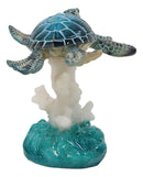 Nautical Blue Sea Turtle Swimming Over Acrylic Coral Reef With Waves Figurine
