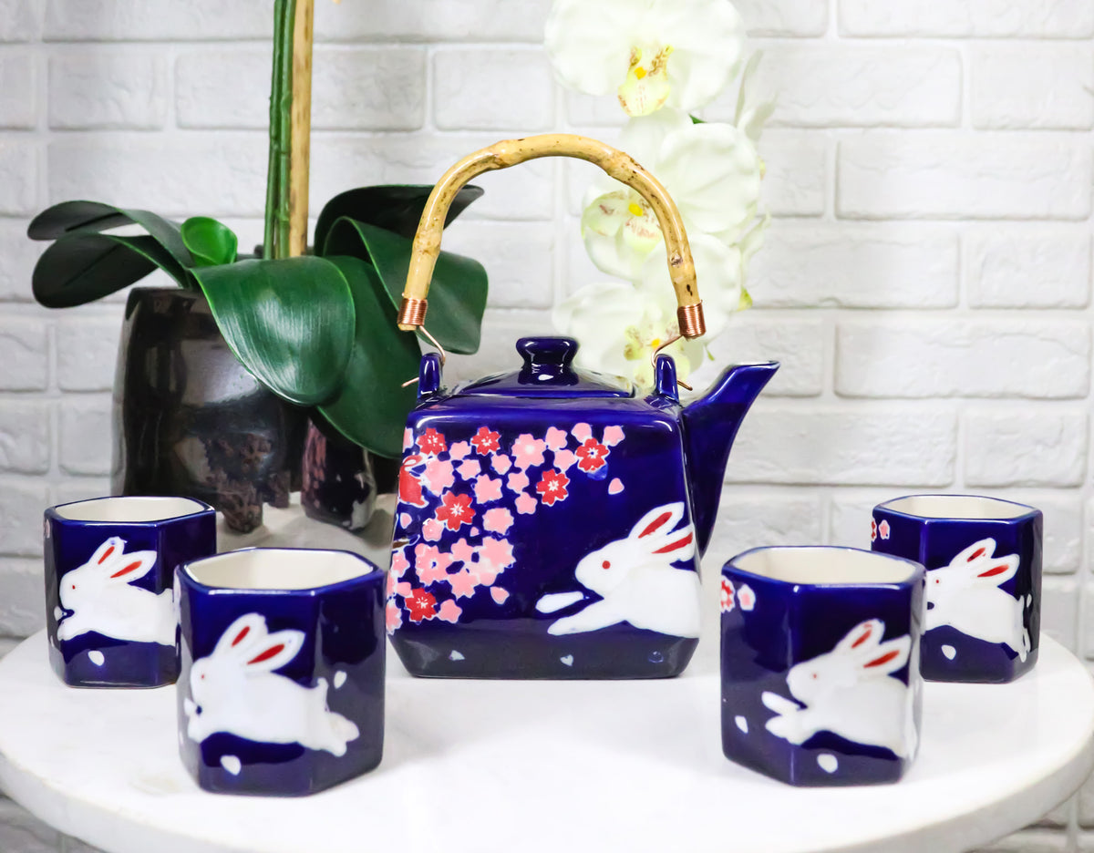 Blue Sakura Cherry Blossoms With Rabbit Hexagonal Teapot With 4 Tea Cups Set