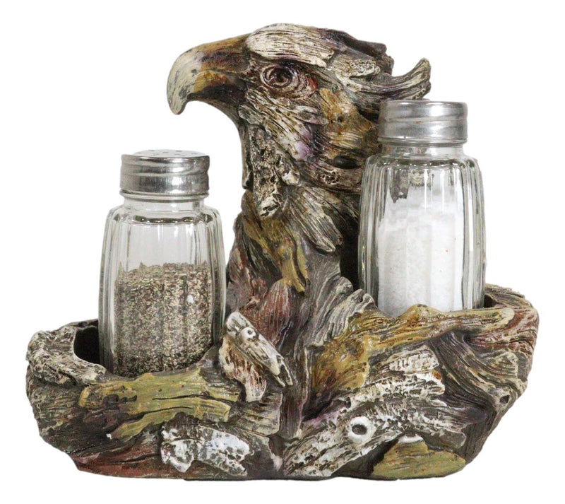 Faux Wooden American Bald Sea Eagle Glass Salt and Pepper Shakers Holder Set
