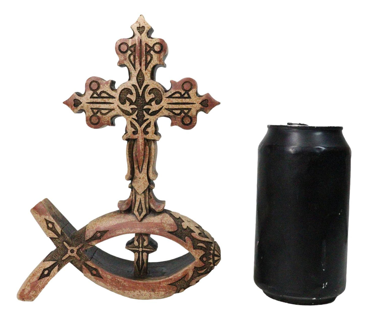 Christian Tuscany Scrollwork Cross On Jesus Fish Ichthys Base Faux Wood Figurine