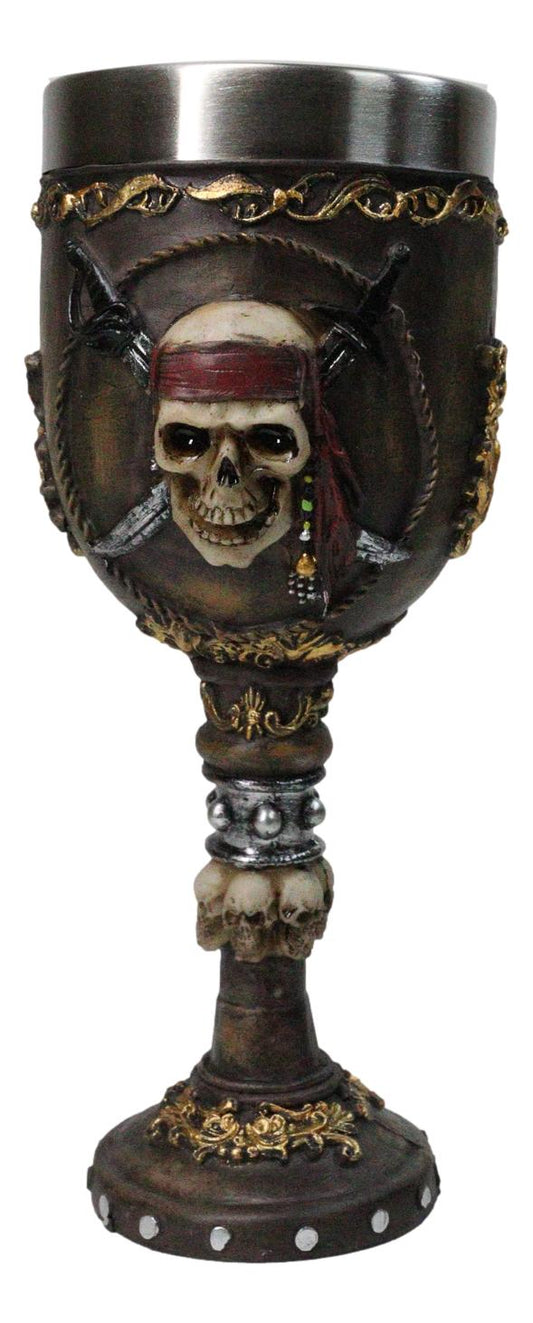 Nautical Pirate Skull Wine Goblet with Crossed Cutlass Red Bandana Chalice