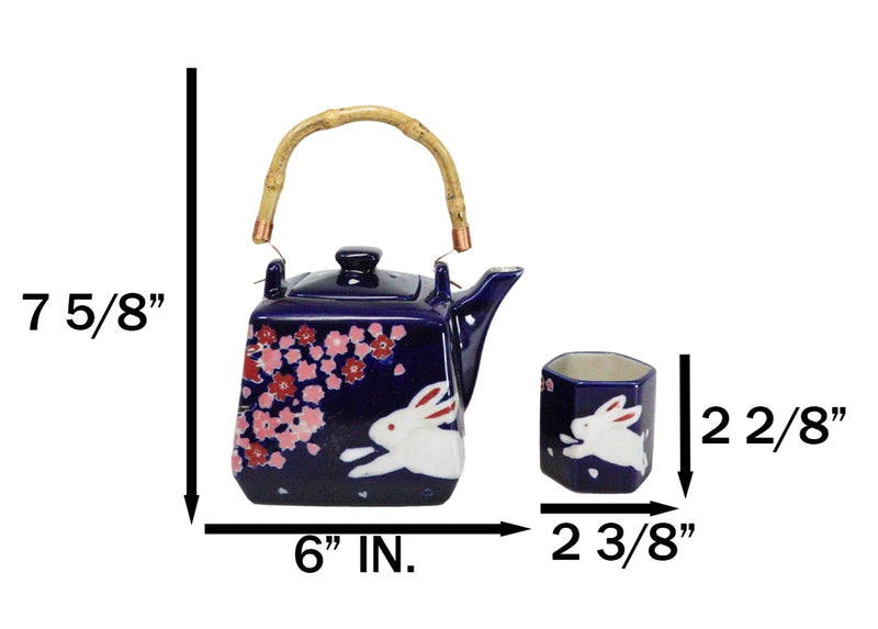 Blue Sakura Cherry Blossoms With Rabbit Hexagonal Teapot With 4 Tea Cups Set