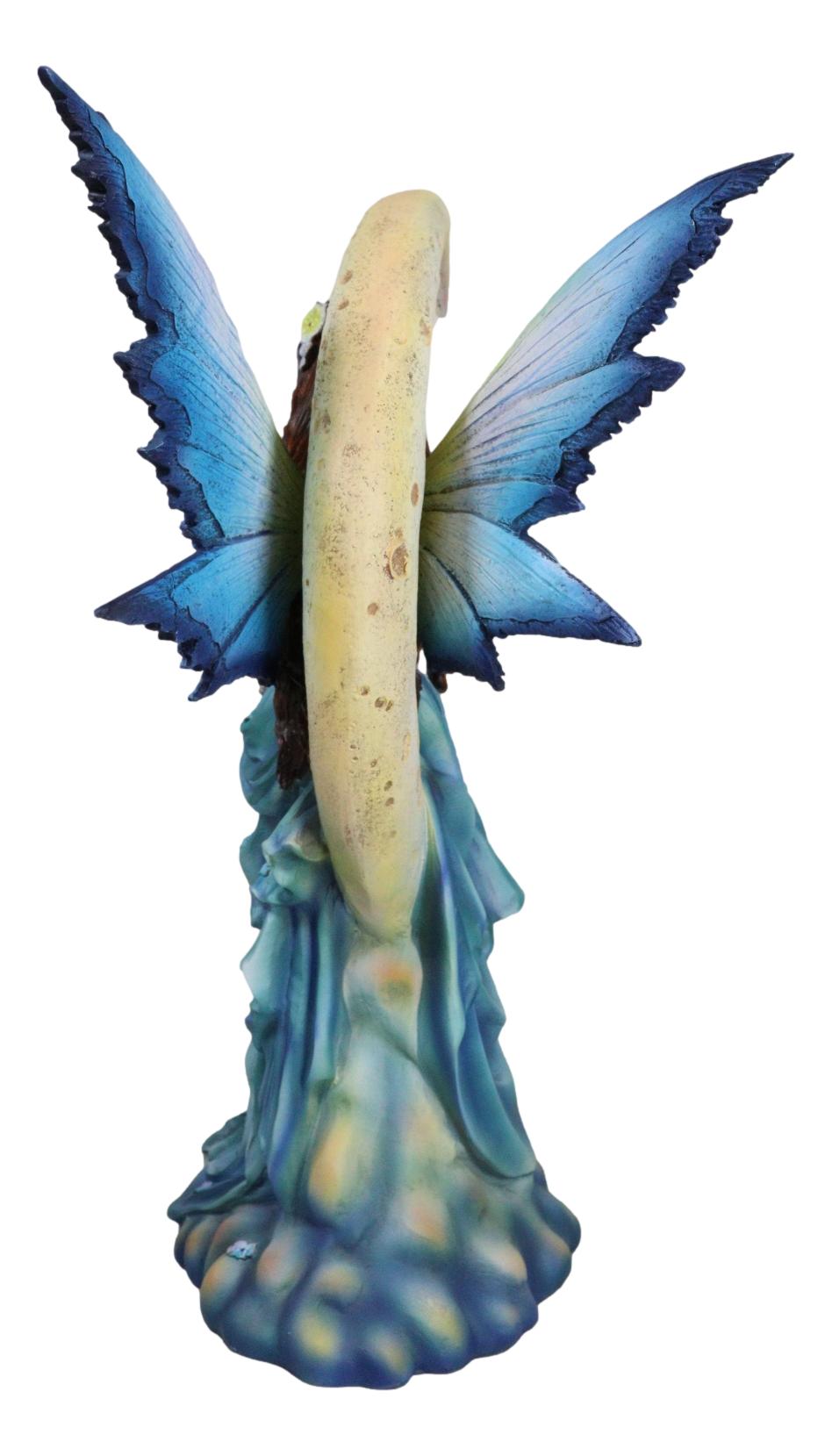 Crescent Moon Lullaby Mother Fairy in Blue Gown Embracing Her Child Baby Statue