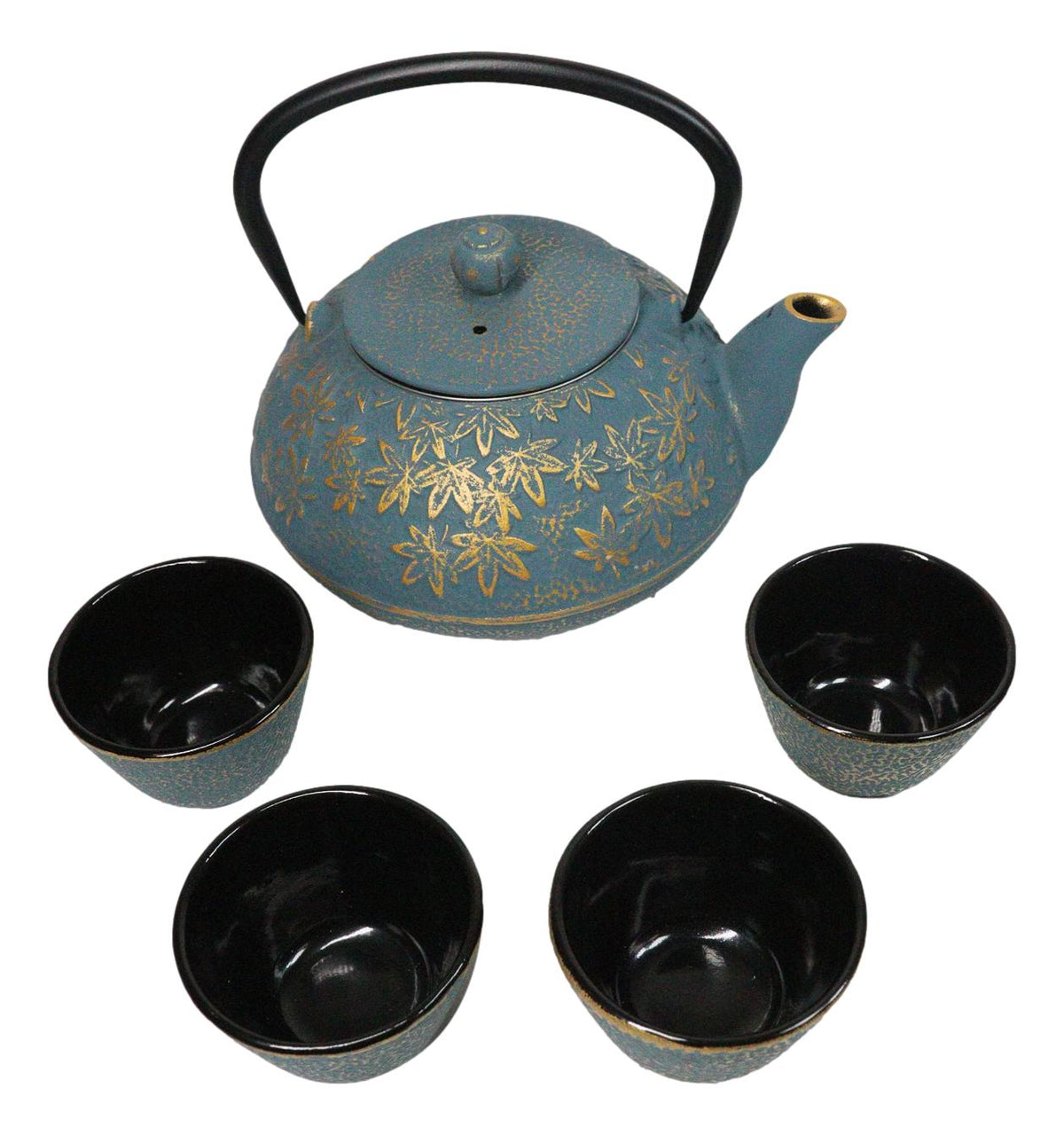 Maple Leaves Momiji Design Blue Tetsubin Cast Iron Tea Pot With 4 Cups Set 37oz