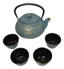 Maple Leaves Momiji Design Blue Tetsubin Cast Iron Tea Pot With 4 Cups Set 37oz