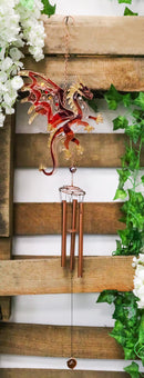 Medieval Fantasy Red Gold Fire Dragon Cross Art Glass Gemstones Metal Wind Chime