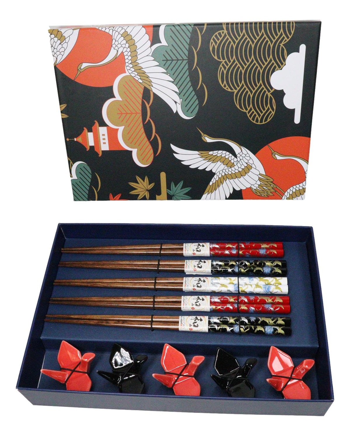5 Pairs Of Red Black Japanese Cranes Ceramic Rests With Wooden Chopsticks Set