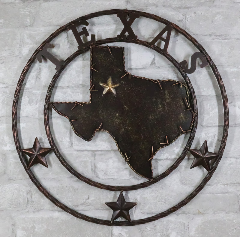 16"D Rustic Western Lone Stars Texas State Map Metal Circle Wall Hanging Decor