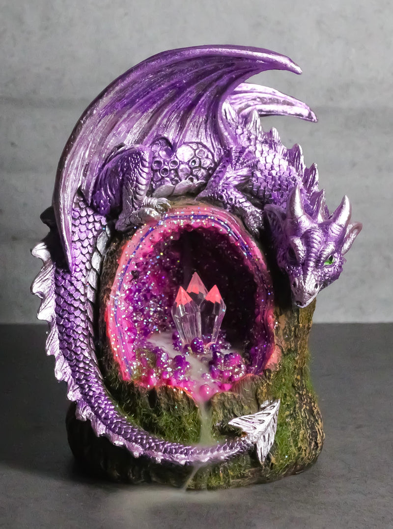 Fantasy Purple Moon Crater Dragon On Faux Geode Crystal Cove LED Light Figurine