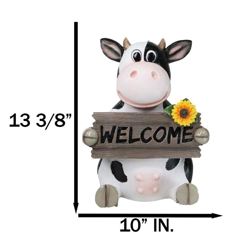 Sunflower Country Side Whimsical Holstein Cow With Welcome Sign Statue 13"Tall