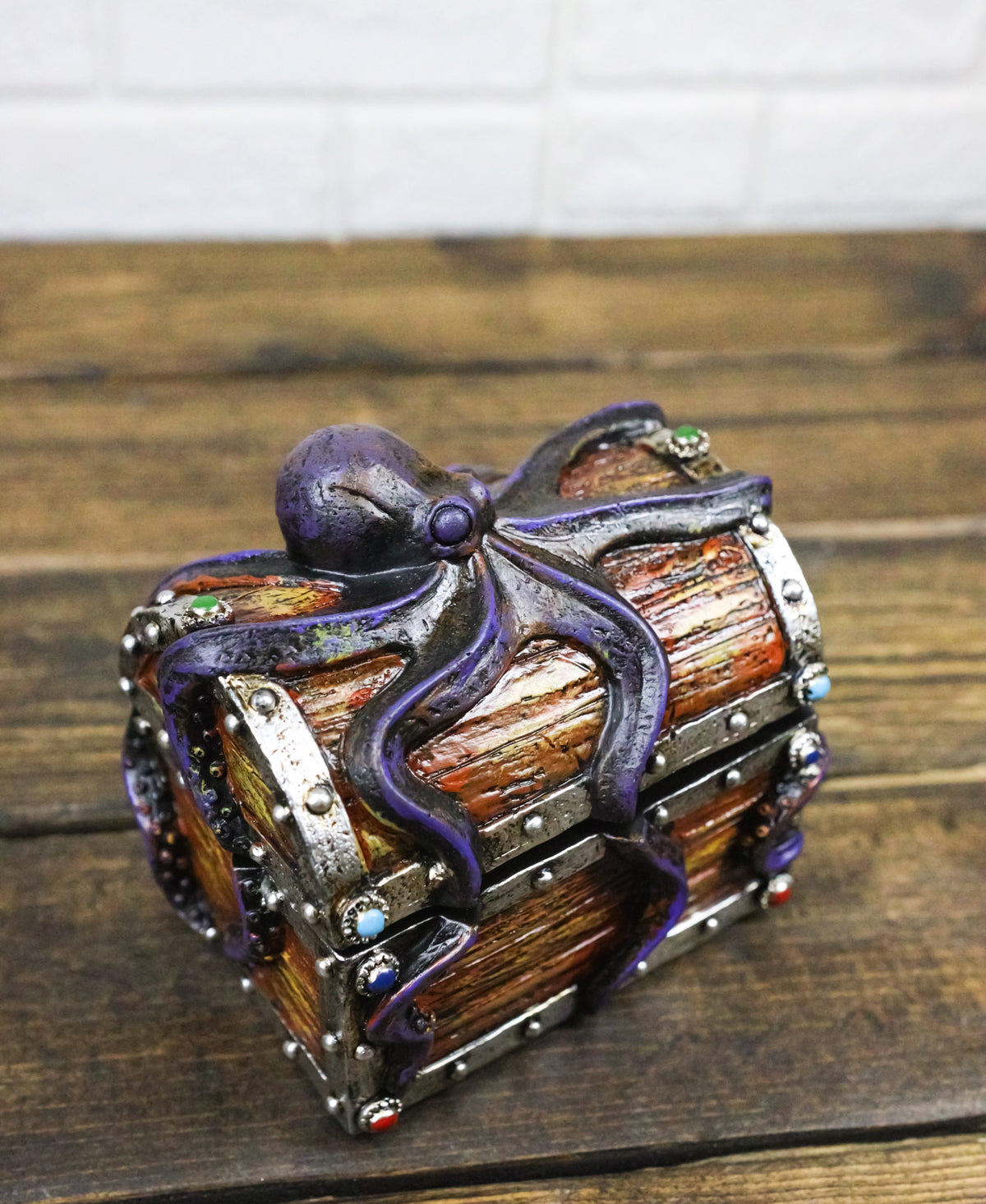 Nautical Octopus Tentacles On Small Treasure Chest Decorative Trinket Box Figure