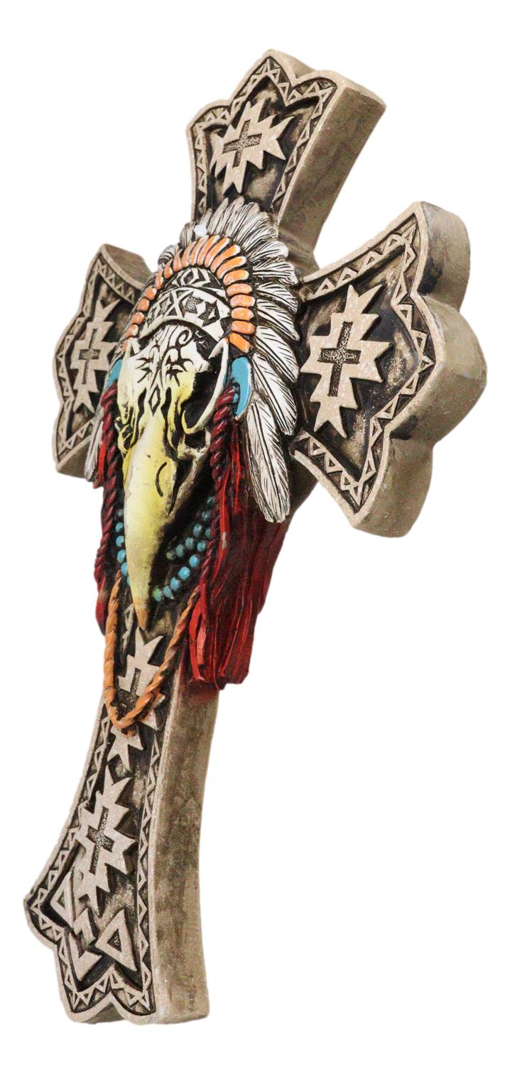 Southwestern Rustic Native Tribal Raven Crow Skull Headdress Roach Wall Cross