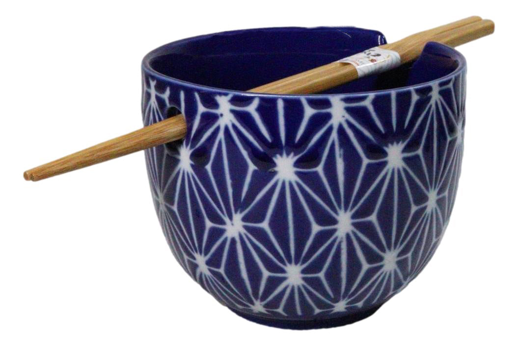 Asanoha Geometric Blue And White Donburi Ramen Soup Bowl With Chopsticks