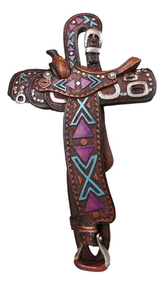 Country Western Rustic Horse Saddle Faux Tooled Leather Decorative Wall Cross