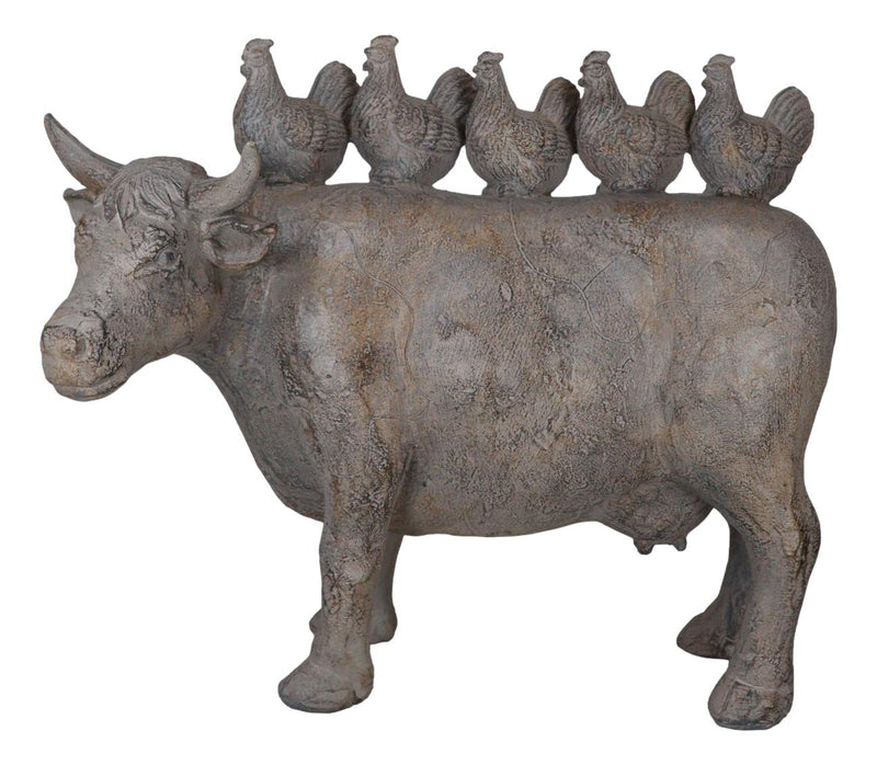 Rustic Vintage Farmhouse Chickens Hens Marching On Holstein Cow Back Figurine