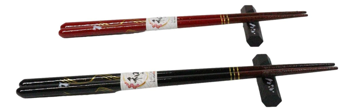 Cherry Brown And Black Moon Rabbits Set of 2 Chopsticks And Wooden Rests Set