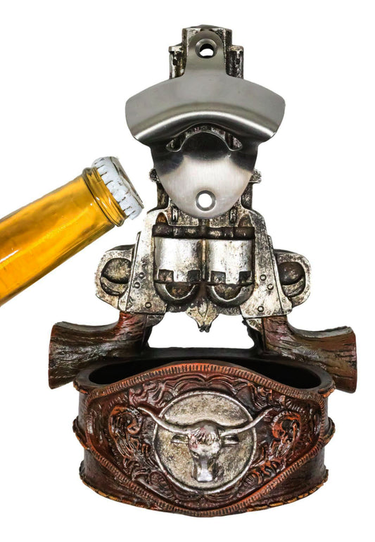 Western Cowboy 2 Gun Pistols Silver Texas Longhorn Concho Wall Bottle Cap Opener