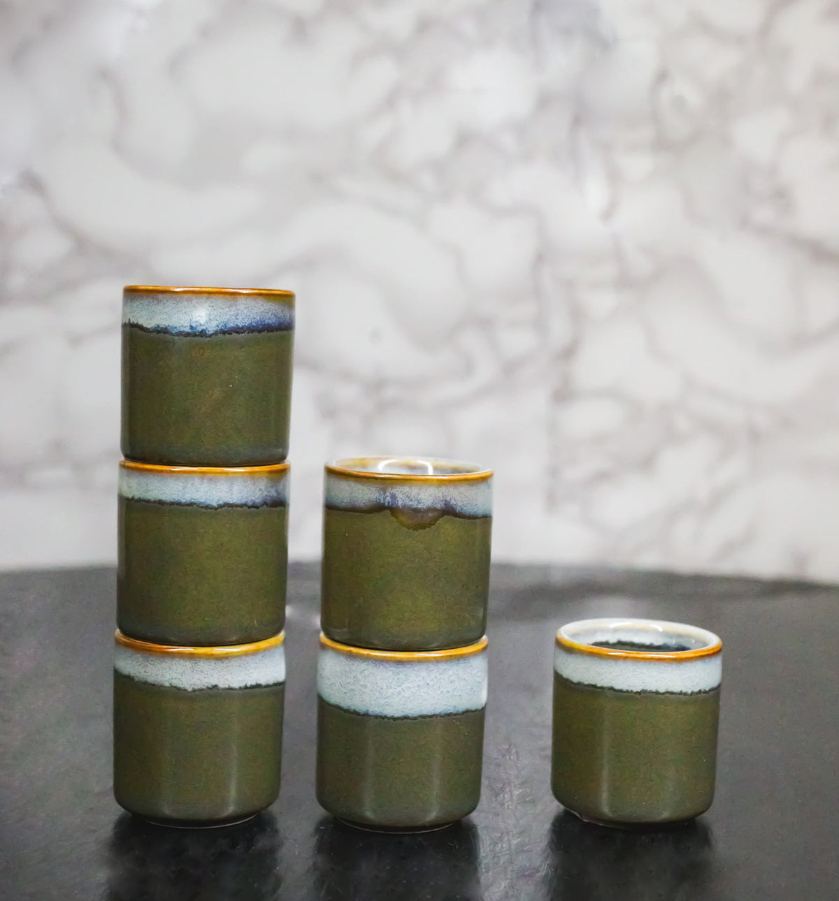 Set of 6 Earth Green And Gray Porcelain 1.25oz Ochoko Yuzu Sake Cups