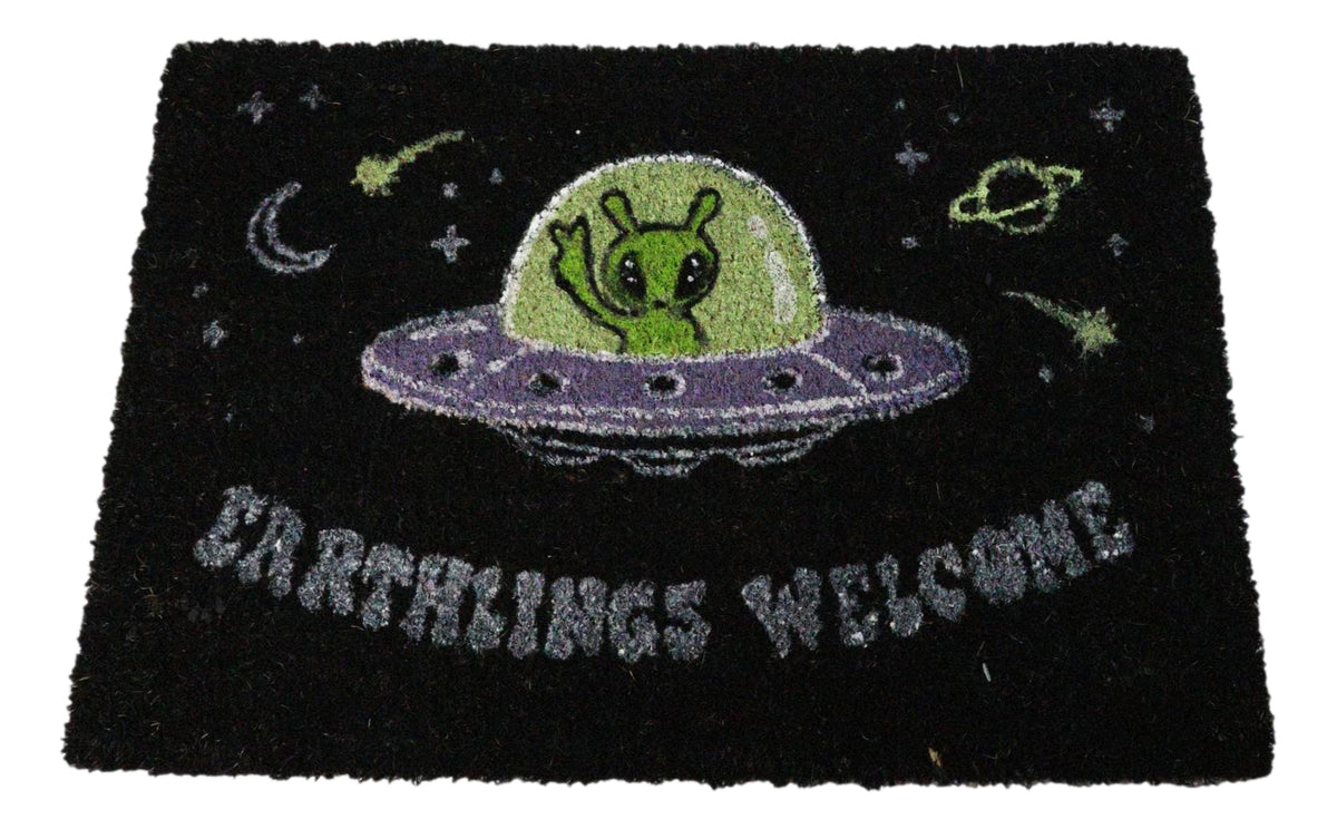 Ebros Earthlings Welcome Alien UFO Spaceship Black Coir Doormat 24 x 16 Inches