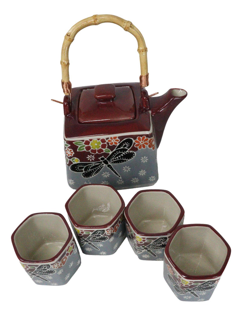 Maroon Grey Tombo Dragonfly With Flowers Hexagonal Teapot With 4 Tea Cups Set