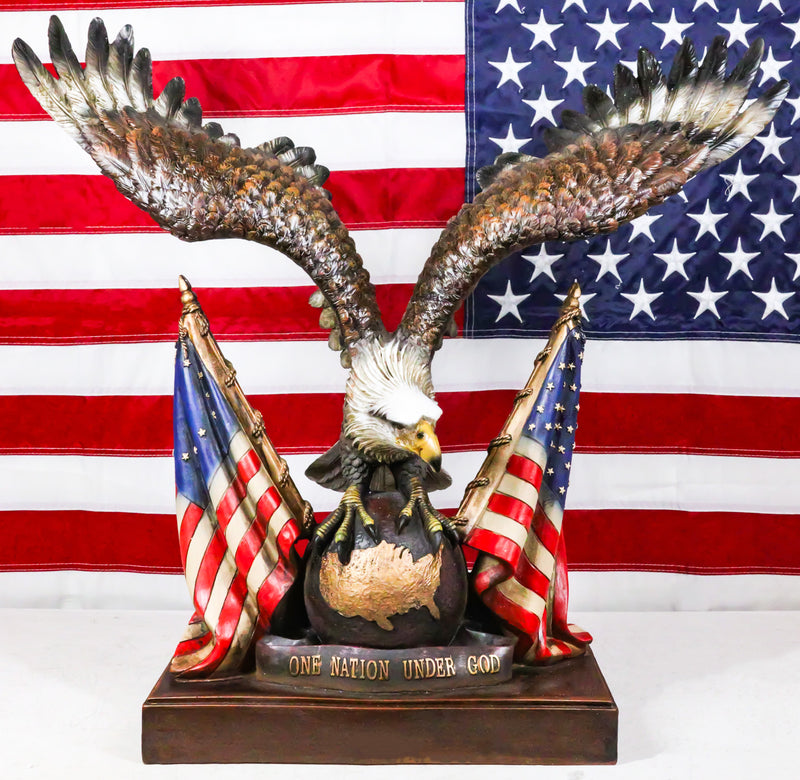 Large 20"H Bald Eagle On Globe With American Flags One Nation Under God Statue