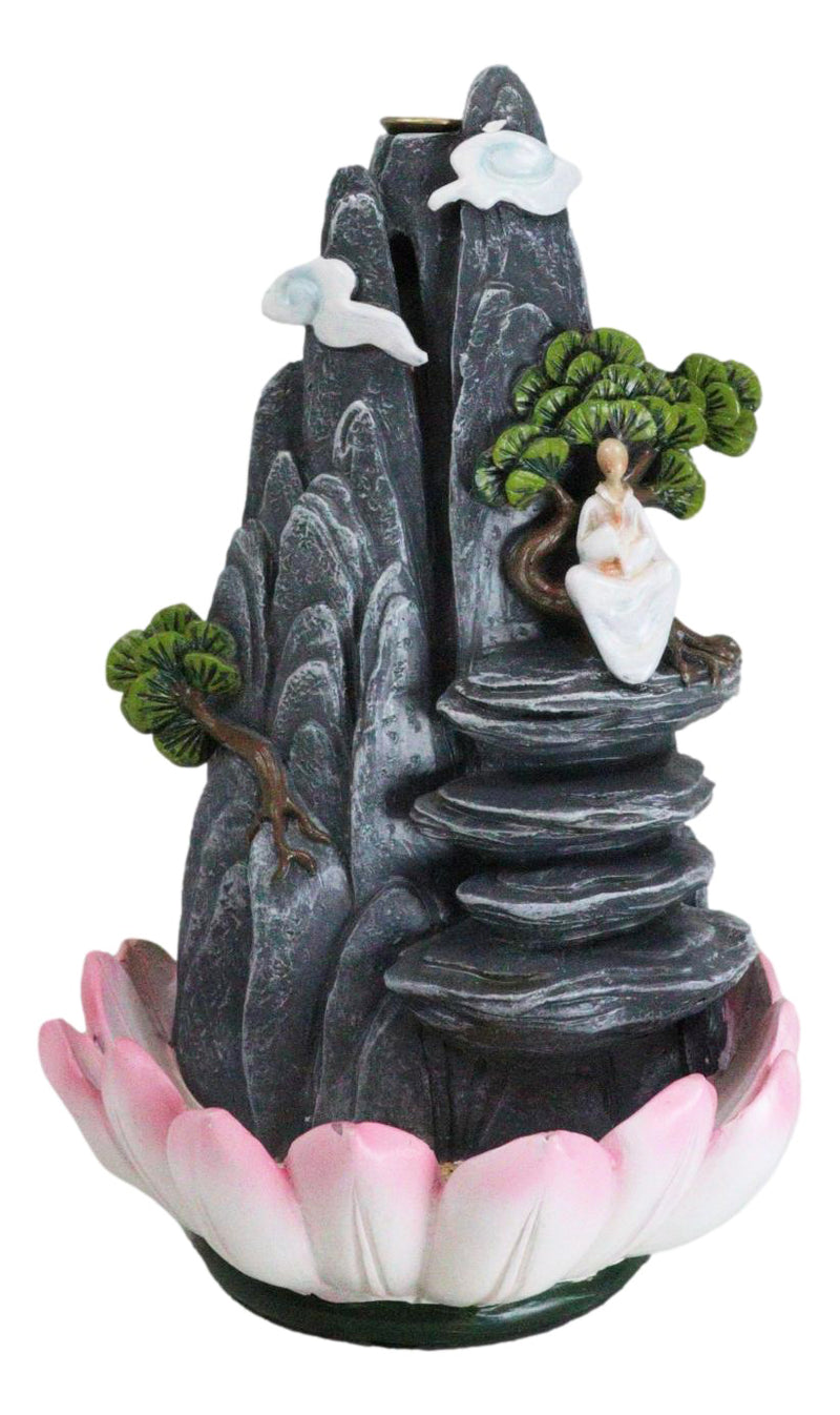 Zen Rocky Mountain Steppes With Monk On Giant Lotus Backflow Cone Incense Holder