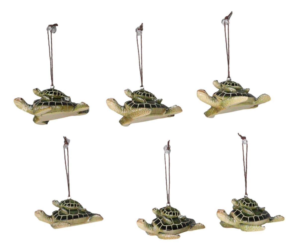 Set Of 6 Green Mother and Baby Sea Turtles Marine Wall Decor Tree Ornaments